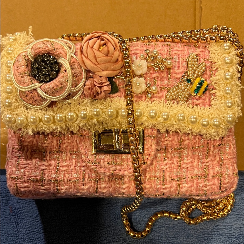 Elegant Bari Lynn Pearl Jeweled Pink Tweed Bag with Floral Embellishments